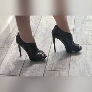 Black Stiletto Genuine Leather Peep-Toe Heels